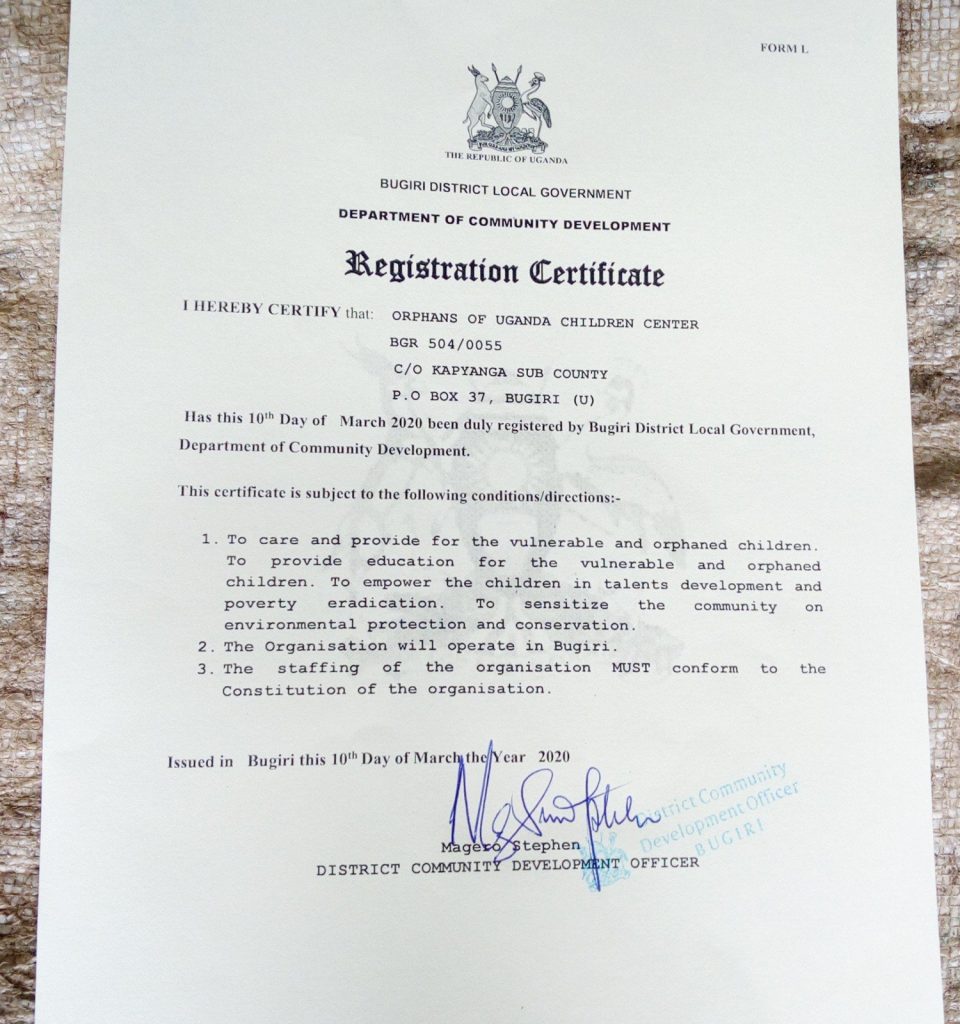 Operational Permit & Registration Certificate - Orphans of Uganda